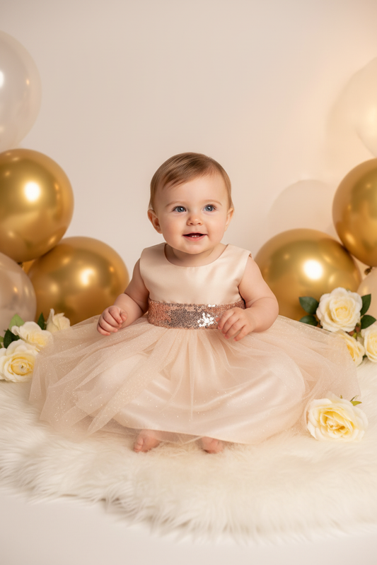 Baby girl in champagne dress with rose gold sequin waistband and glitter tulle skirt sitting with gold balloons and roses – infant first birthday special occasion dress