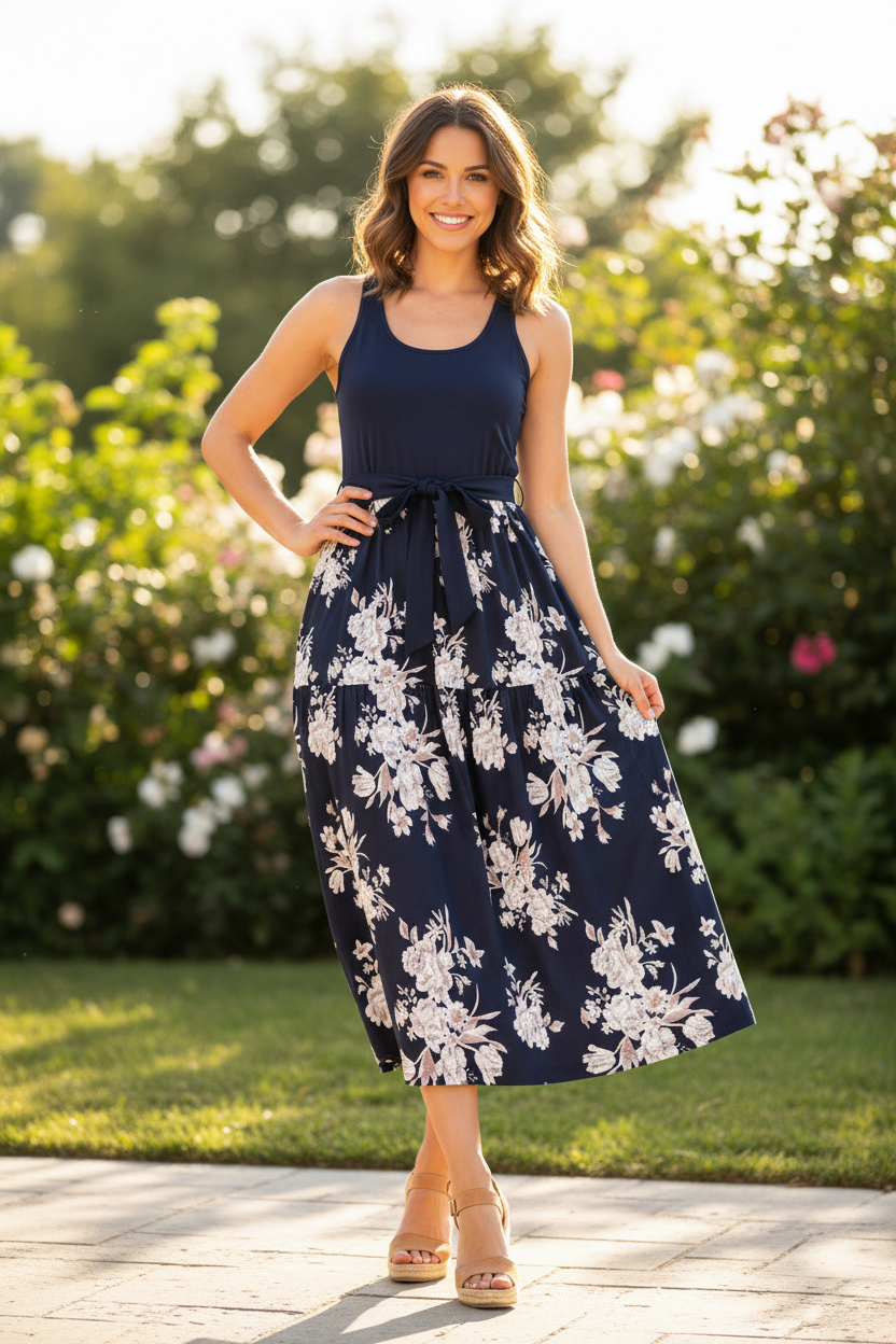 Women's navy blue floral tiered midi dress family matching outfit summer vacation dress