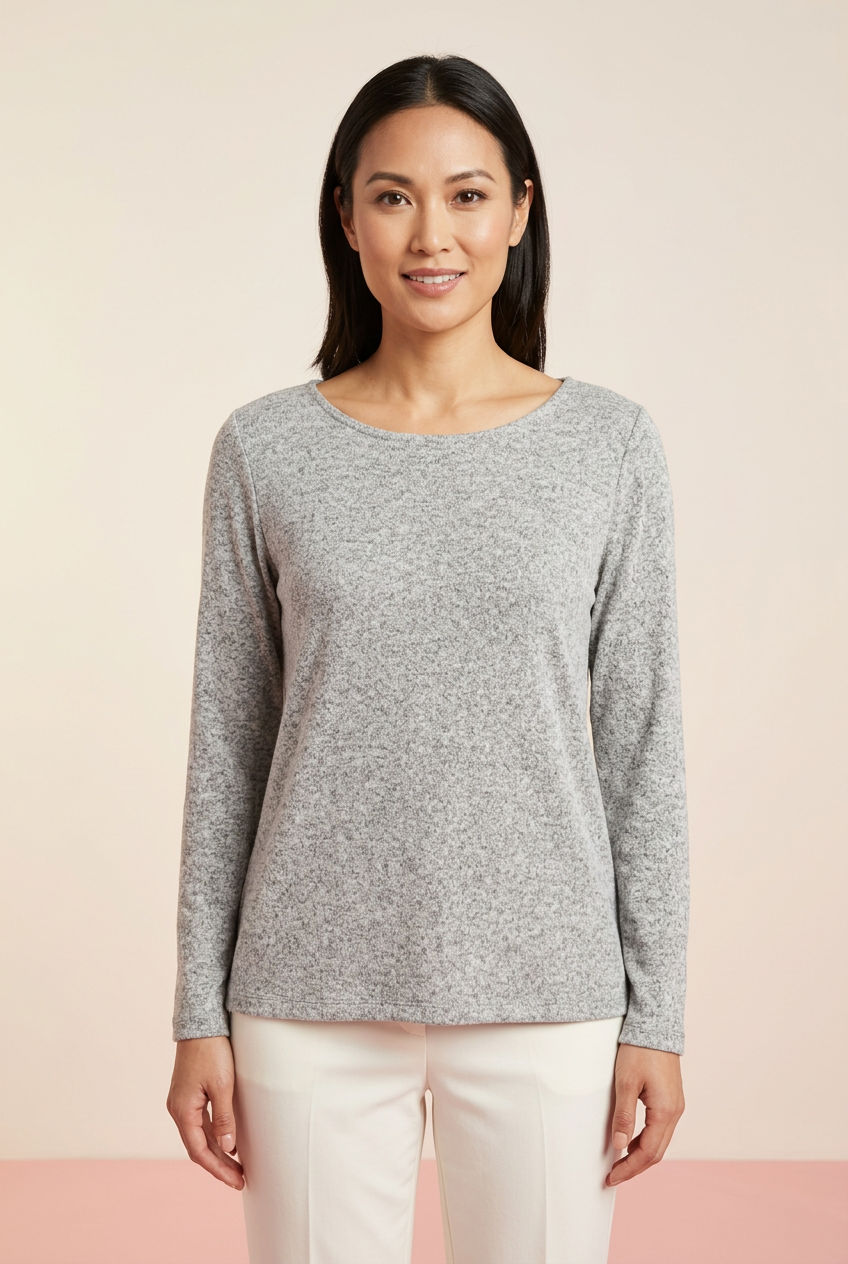 Heather gray marled knit long sleeve twist-back top with wide round neckline, styled with ivory trousers, front view