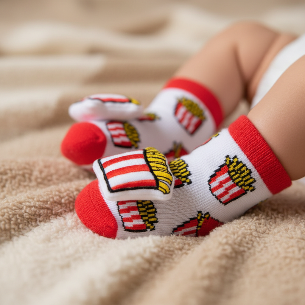Baby feet wearing white french fries print infant rattle socks with red cuff and 3D fry carton appliqué, boutique baby gift photography