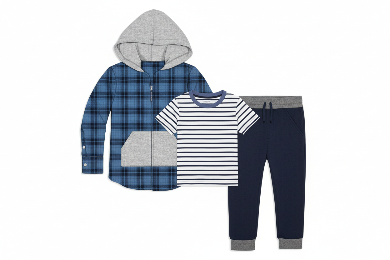 Boys blue plaid hooded flannel jacket with white striped tee and navy jogger pants 3-piece outfit set flat lay on white background