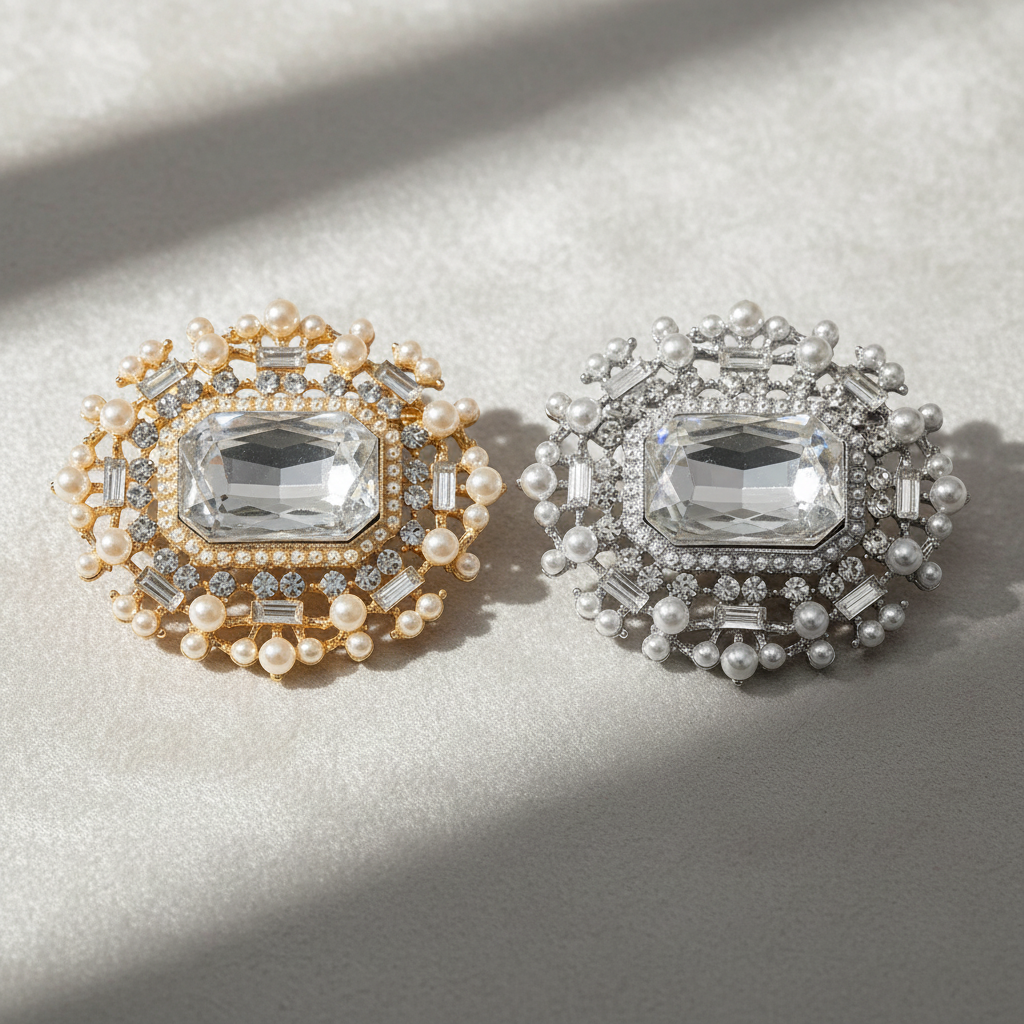 Luxury crystal pearl and rhinestone pavé brooches in gold and silver tones featuring faceted crystal centers surrounded by intricate rhinestone and pearl details on premium background