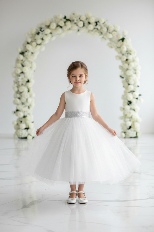 Girl in ivory silver sequin flower girl dress standing in elegant minimalist wedding setting with white floral arch – girls formal tulle dress