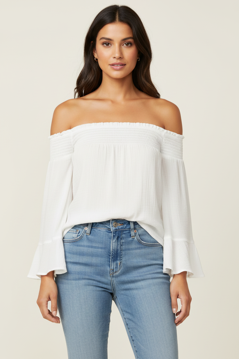 White smocked off-shoulder bell sleeve gauze top hero shot – BB Dakota flared sleeve blouse styled with jeans