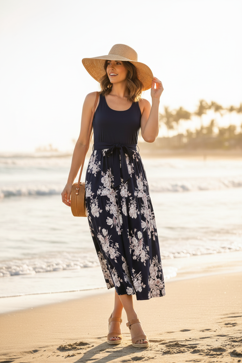 Woman in navy floral maxi dress with straw hat and rattan bag on sunny beach – women's vacation maxi dress by Pinktini