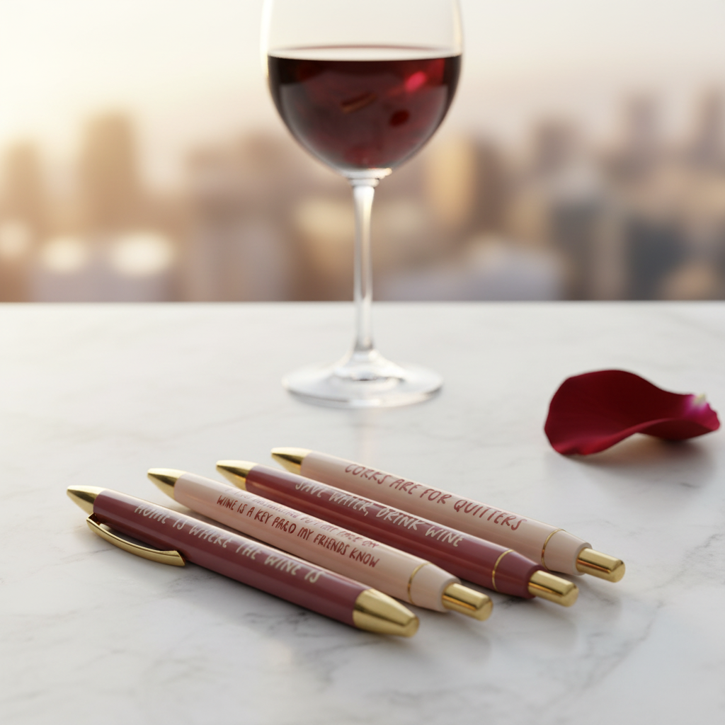 Wine Lovers funny pen set 5 cream and mauve pink pens with gold accents on white marble with red wine glass and rose petal – chic gift for wine lovers under $20