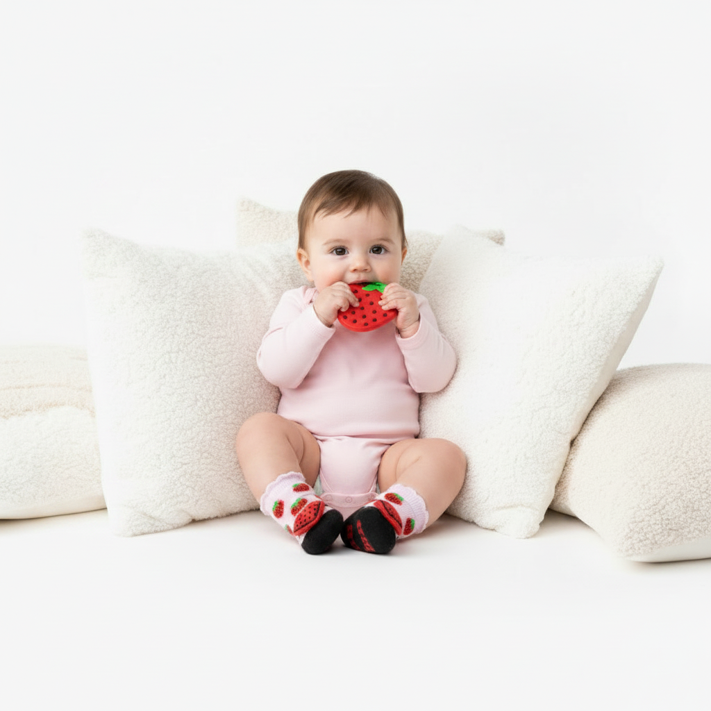 Baby girl in pink onesie and strawberry rattle socks holding strawberry silicone teether, propped on white pillows, boutique baby gift set lifestyle photo