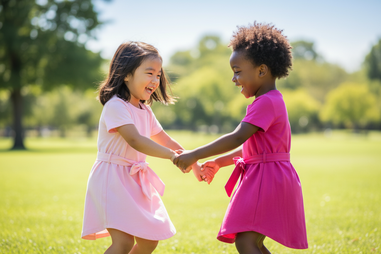 Two toddler girls playing outdoors, Asian girl in light pink bow tie dress and Black girl in fuchsia bow tie dress, diverse kids lifestyle photo