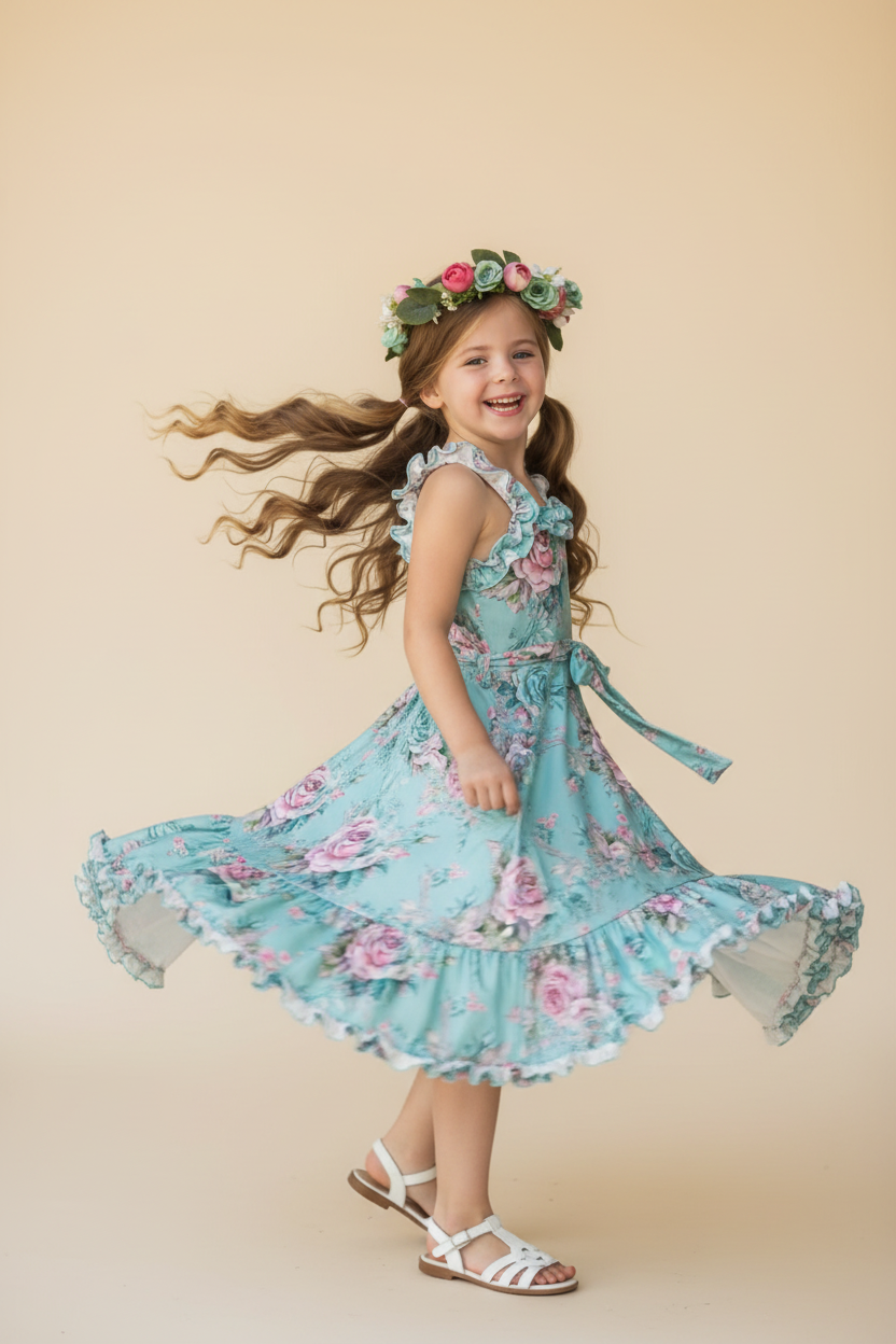 Girl twirling in aqua mint floral rose hi-lo dress showing dramatic lace trim ruffle hem in motion, girls boutique party dress