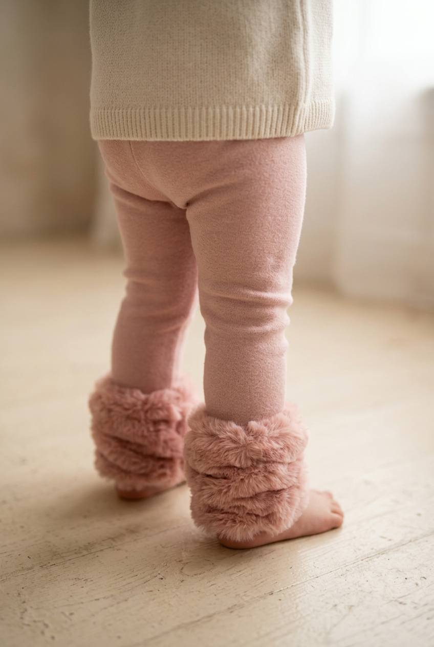 Close-up of fluffy fur ankle trim on toddler girls pink blush leggings, soft boutique knit bottoms