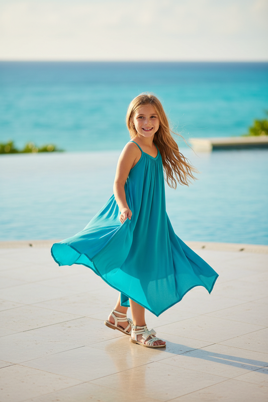 Girls teal blue strappy back dress vacation lifestyle, beach resort summer coverup dress for kids