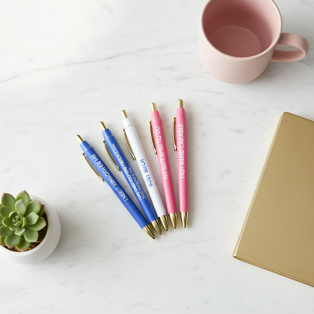 Busy Bitch funny pen set flat lay on white marble with pink coffee mug gold notebook and succulent – cheeky office gift for women birthday bachelorette