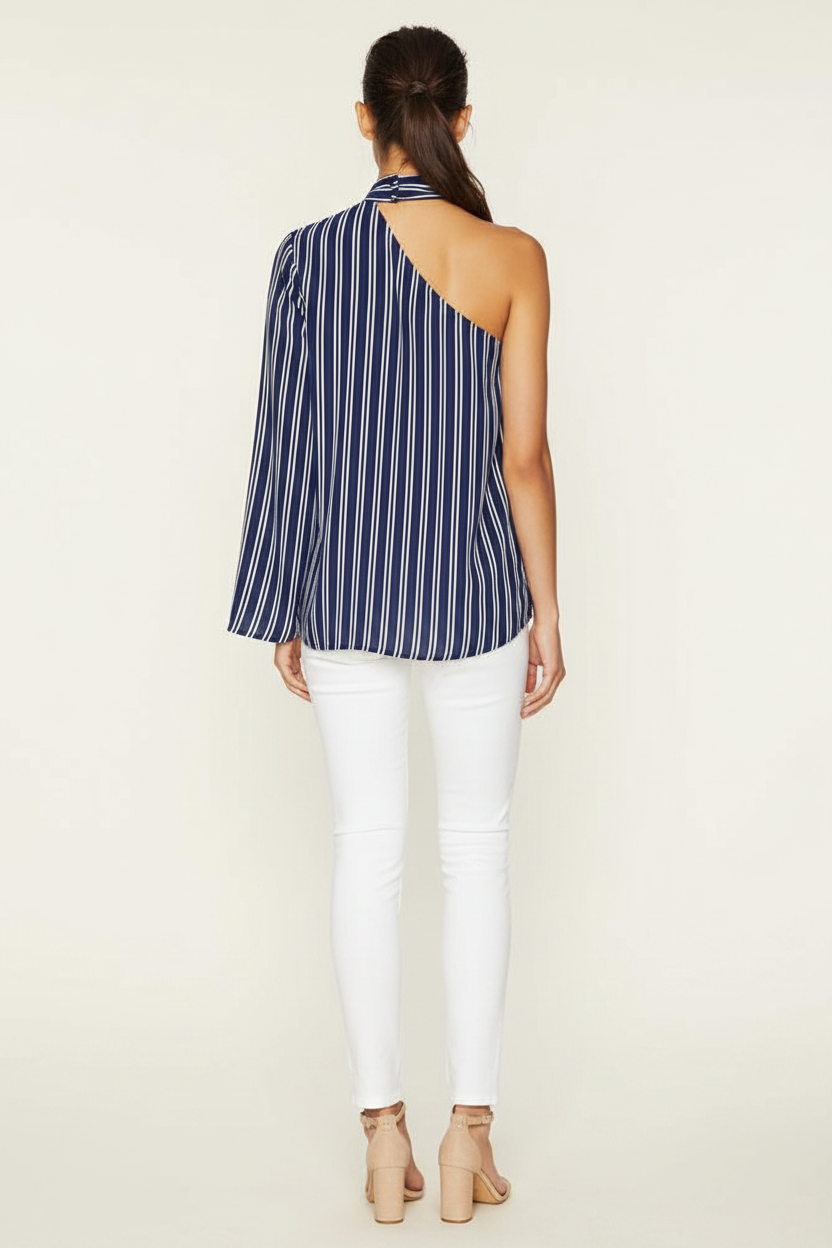 Navy stripe one-shoulder blouse back view – BB Dakota open back asymmetric top styled with white pants