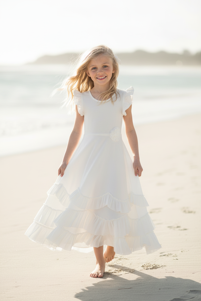 Girl in white ivory flutter sleeve triple ruffle maxi dress walking on beach, casual vacation lifestyle photo, girls summer maxi dress