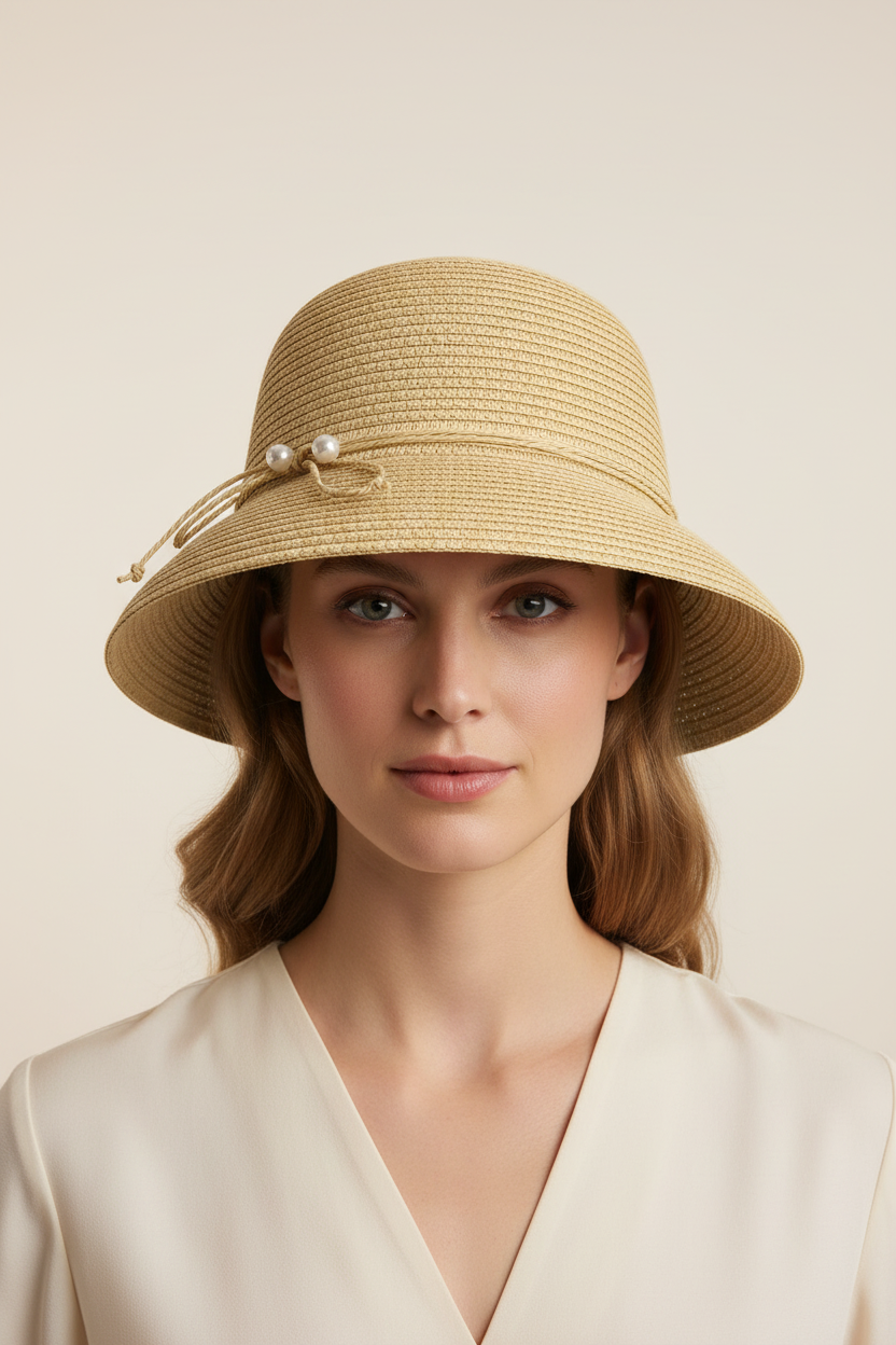 John Callanan paper braid bucket sun hat with pearl bead rope band front view on model