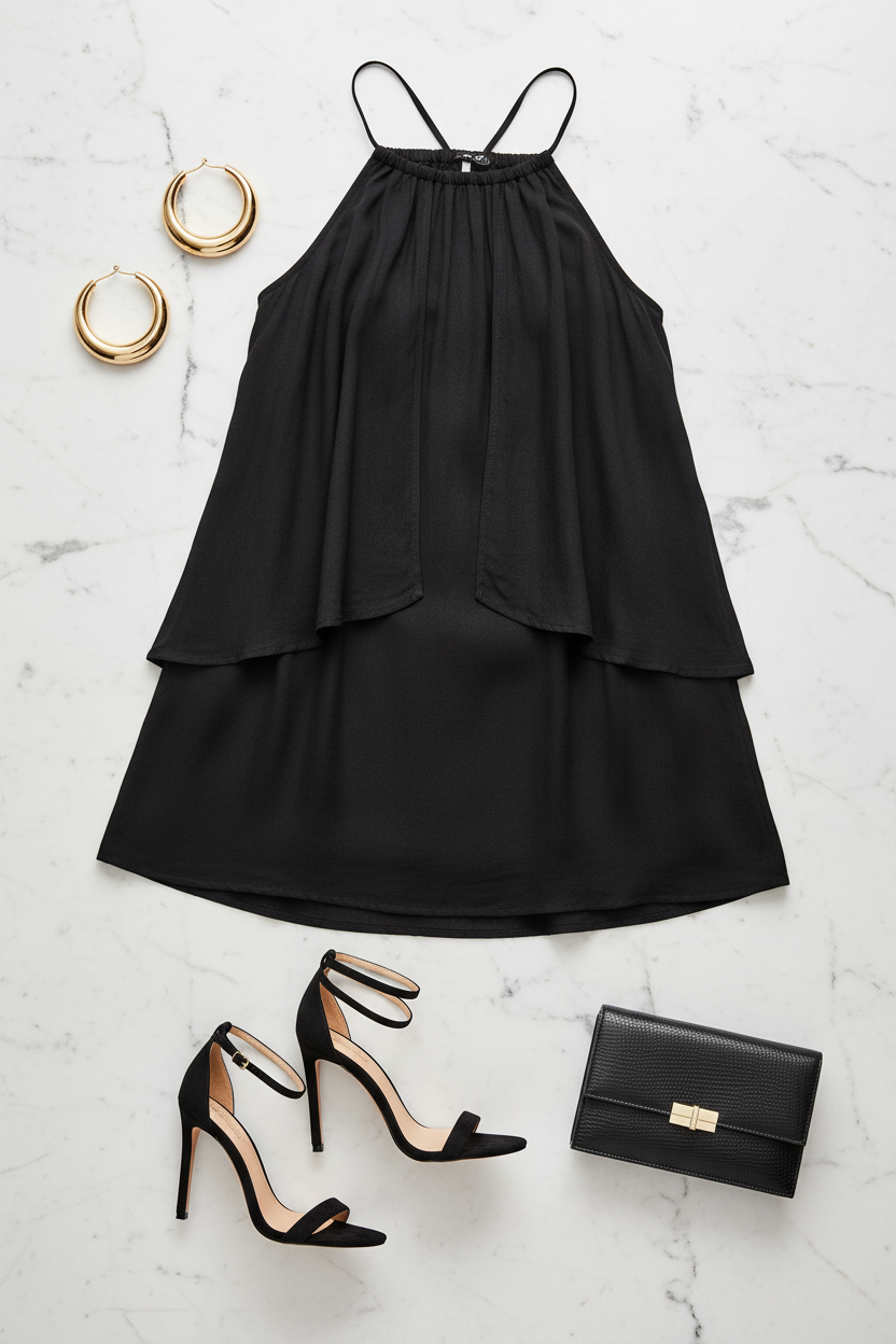 Black halter ruffle mini dress flat lay styled with gold jewelry, strappy heels and clutch, LBD outfit inspiration