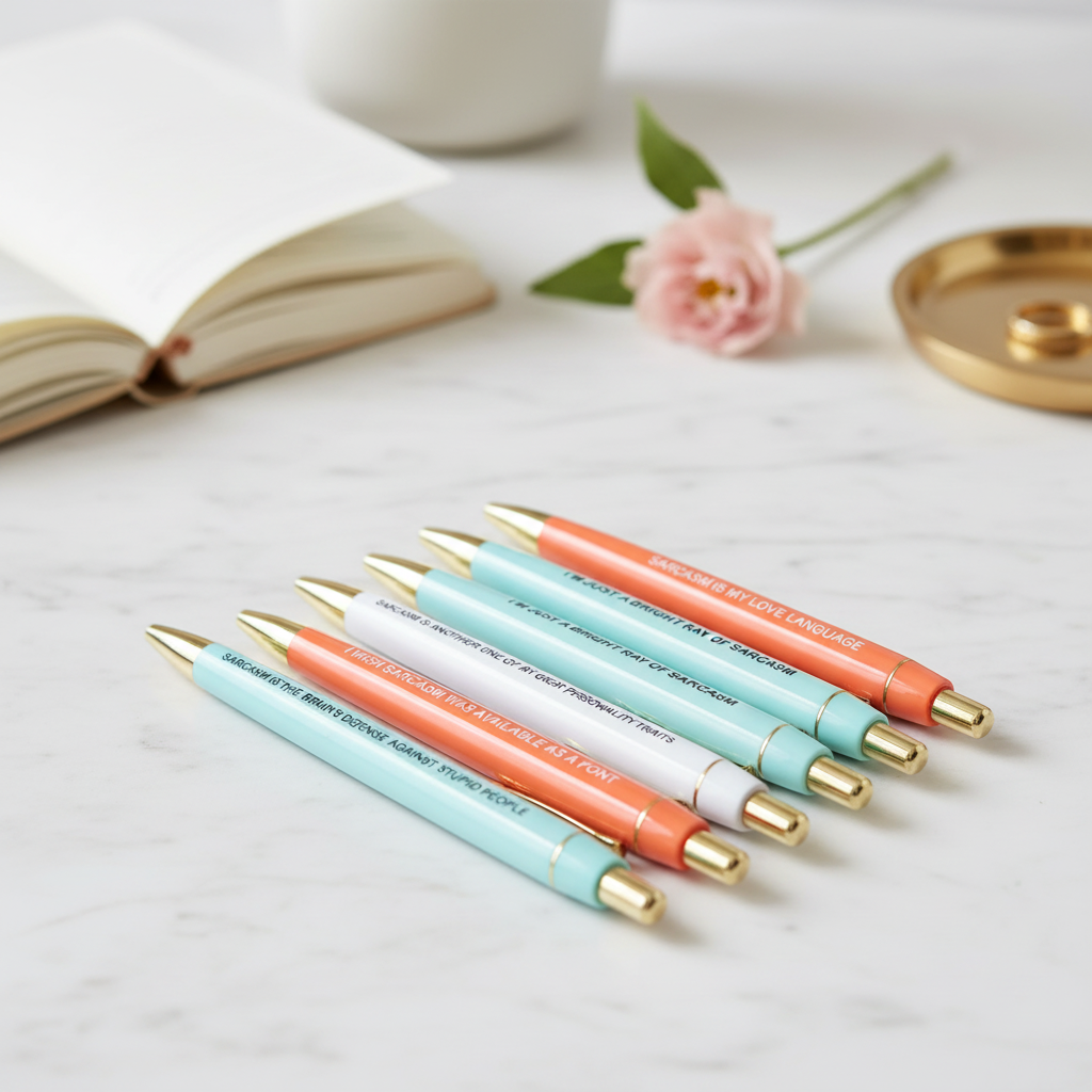 The Sarcasm funny pen set 5 coral orange mint blue and white pens with gold accents on white marble with journal pink flower and gold ring dish – sarcastic gift under $20