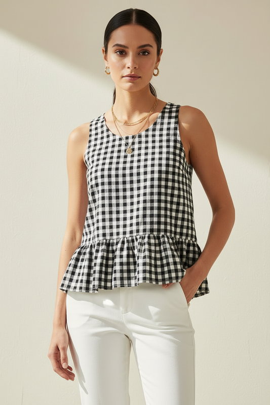 Woman wearing a black and white checkered sleeveless top with a plain background