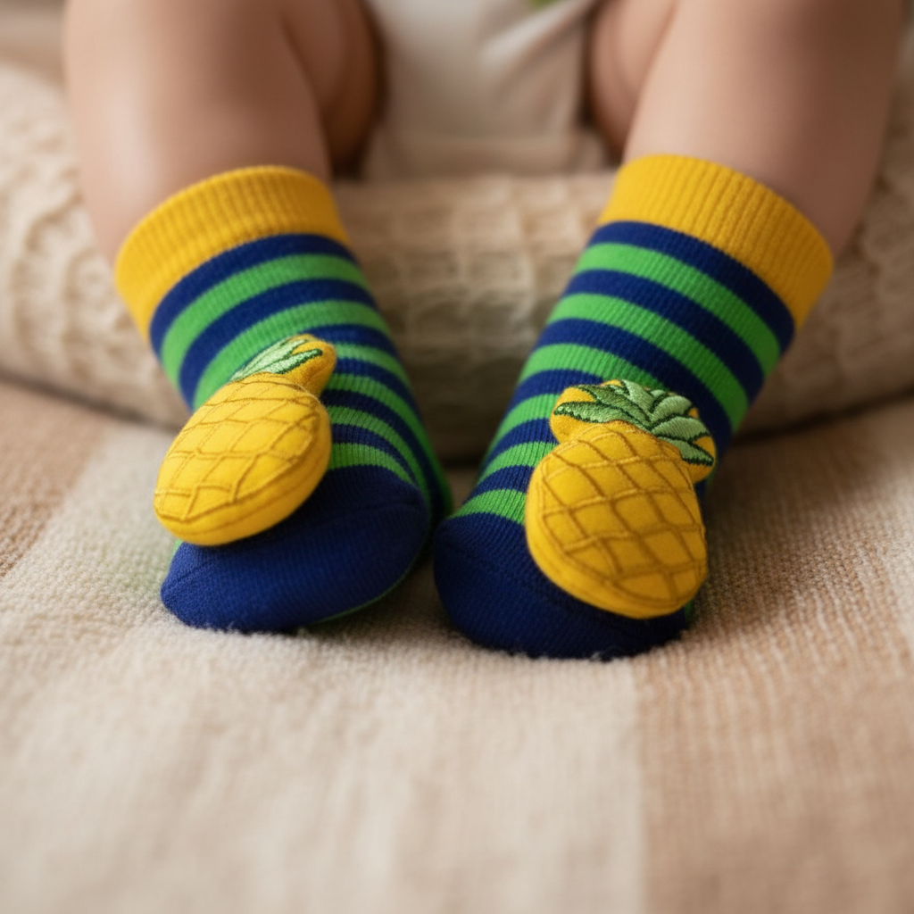 Baby feet wearing navy blue and green striped infant rattle socks with 3D pineapple appliqué, boutique baby gift photography