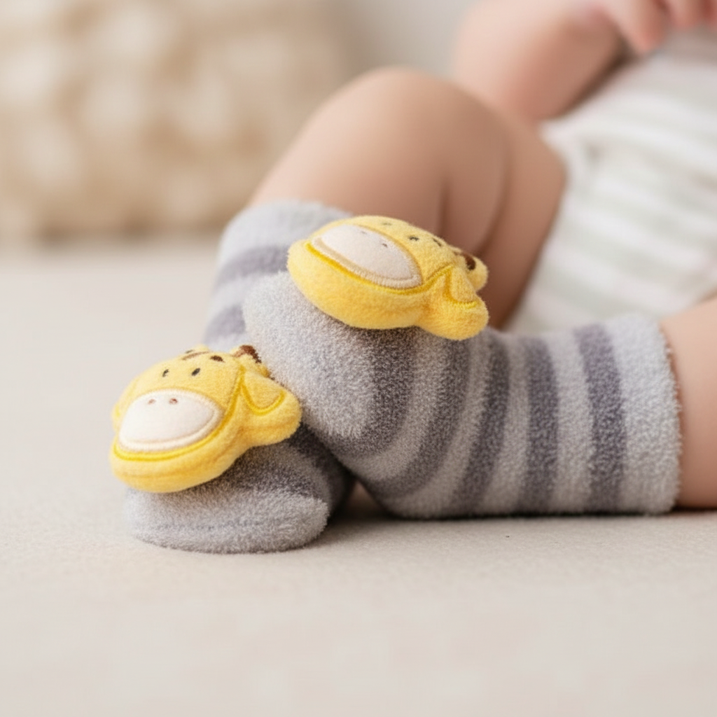 Baby feet wearing gray striped monkey rattle socks with 3D animal face appliqué, premium boutique infant photography