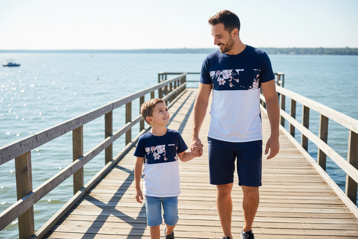 Father and son matching navy blue floral color-block t-shirts lifestyle boardwalk family matching outfits kids boys shirt
