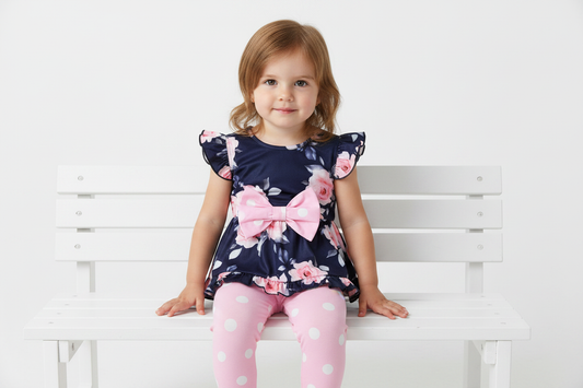 Toddler girl navy floral flutter sleeve peplum top pink bow pink polka dot leggings 2-piece girls boutique outfit white studio