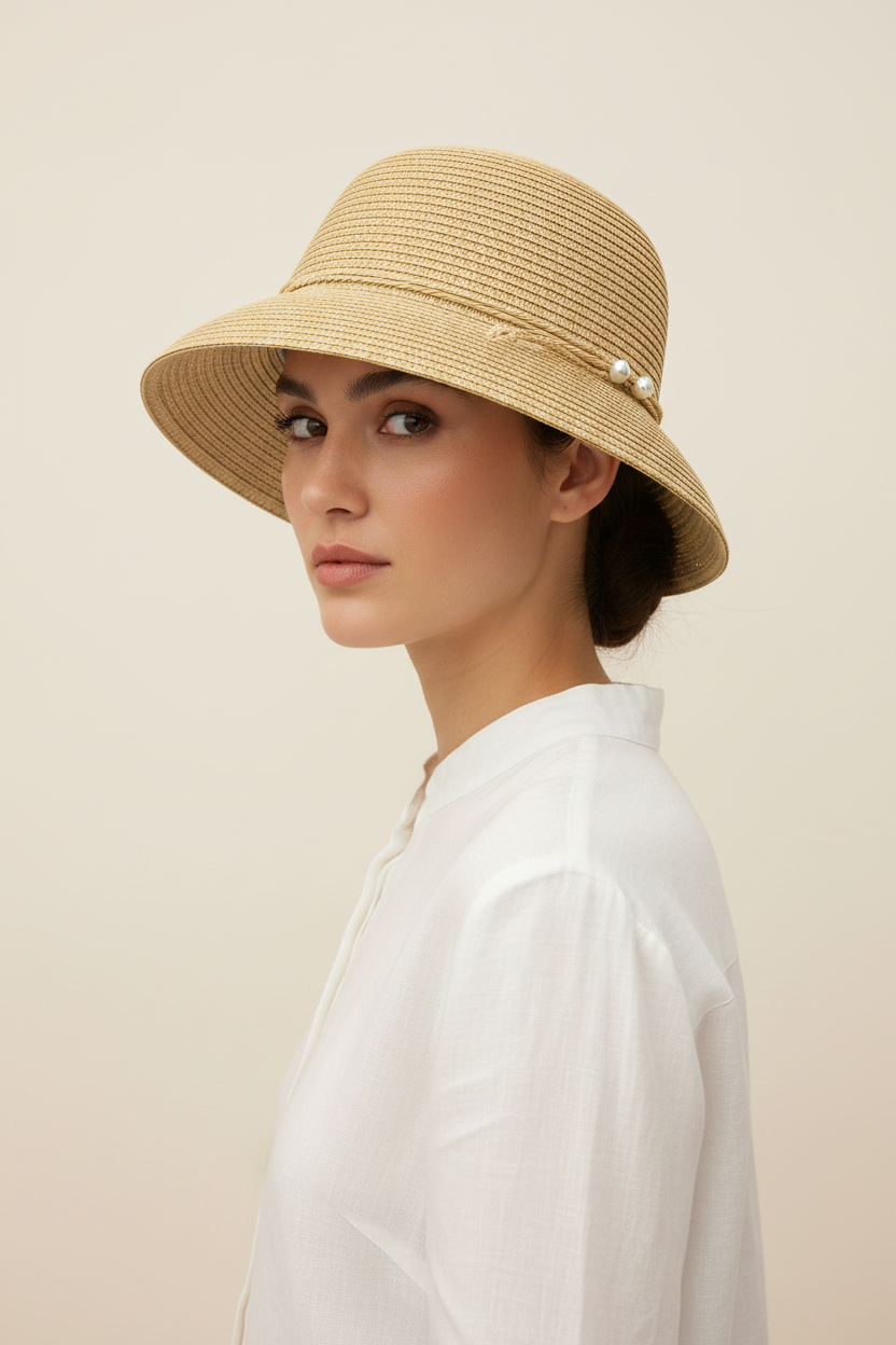 John Callanan natural straw bucket sun hat 3/4 view on model showing brim and pearl detail