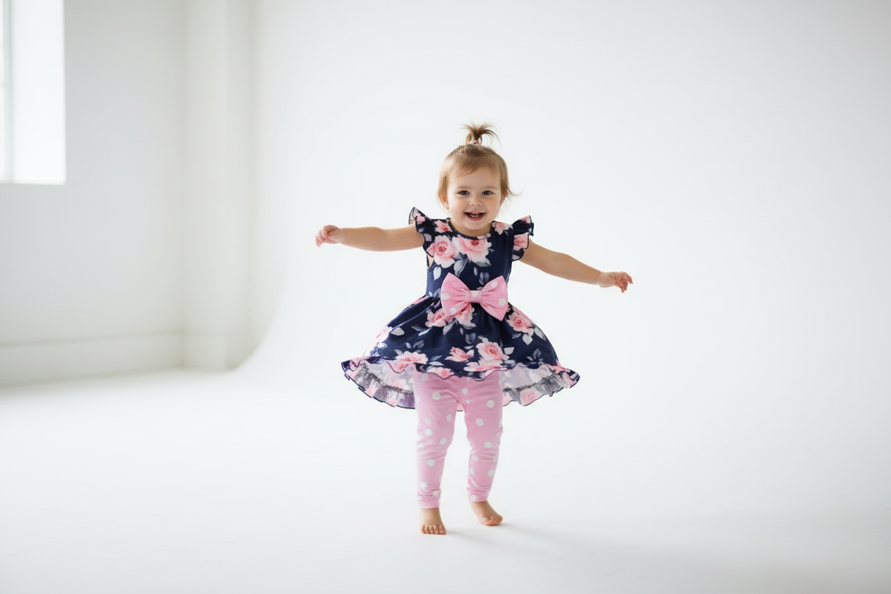 Toddler girl navy floral ruffle flutter sleeve top pink bow pink polka dot leggings 2-piece set girls boutique outfit