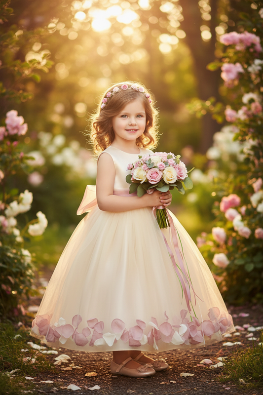 Little girl in blush satin floating petal flower girl dress holding pink roses in a sunlit garden, wedding flower girl dress