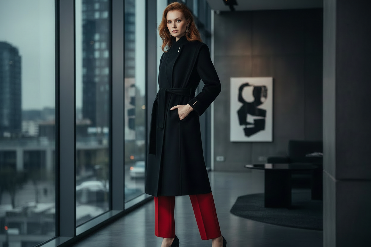 High-fashion editorial image of woman in black cashmere stand collar coat