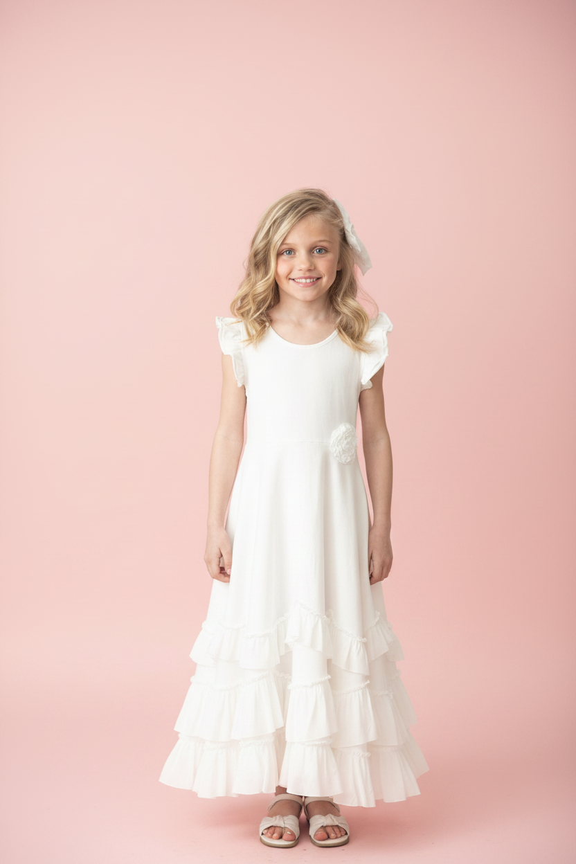 Girl in white ivory flutter sleeve triple ruffle maxi dress hero front view on blush pink backdrop, girls flower girl dress