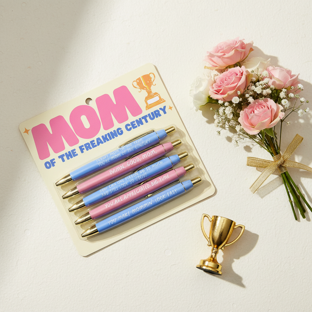 Mom of the Freaking Century funny pen set in packaging on white surface with pink flowers and gold trophy – funny Mother's Day gift under $20