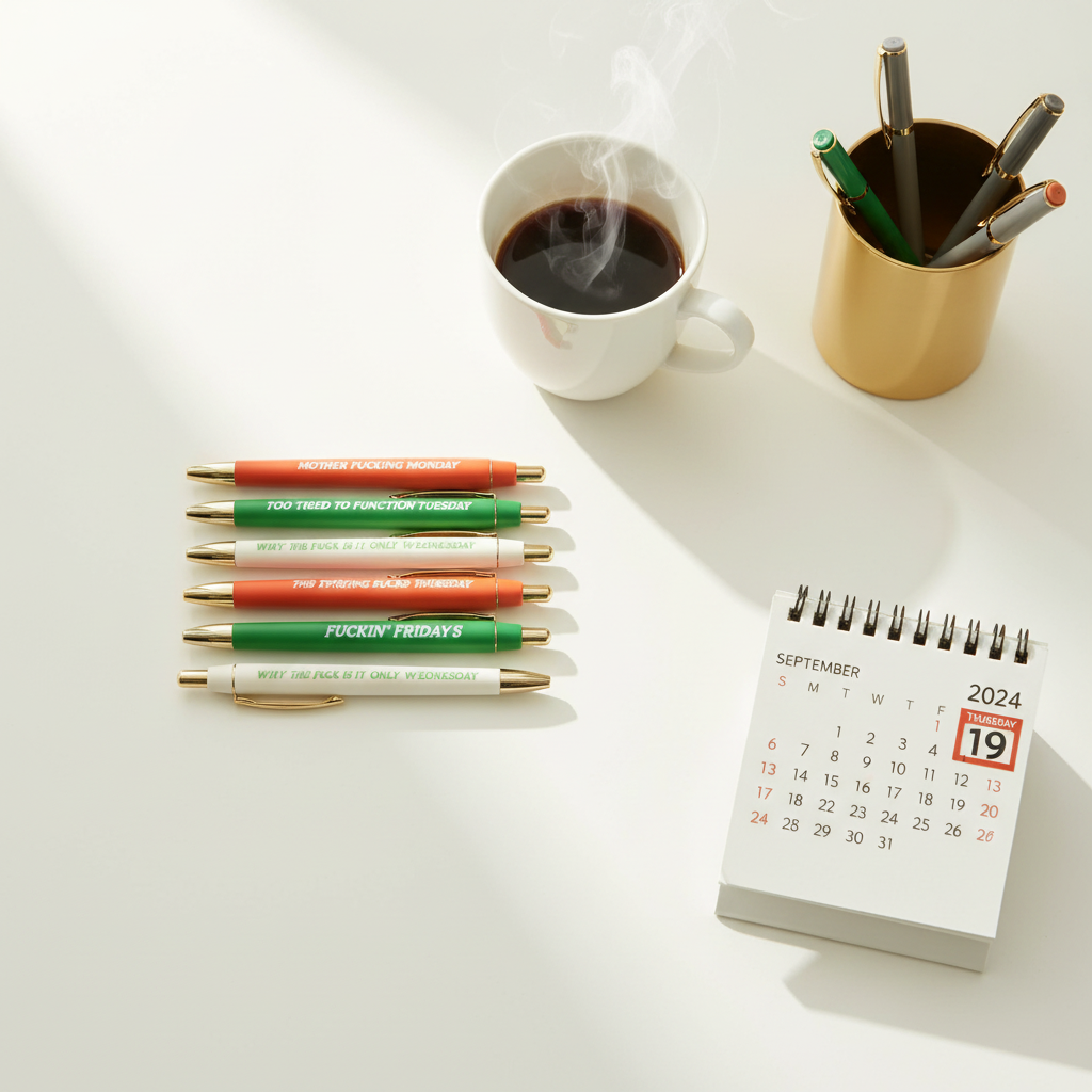 Days of the Week funny pen set flat lay on white desk with coffee mug calendar and gold pen holder – sarcastic coworker office gift under $20