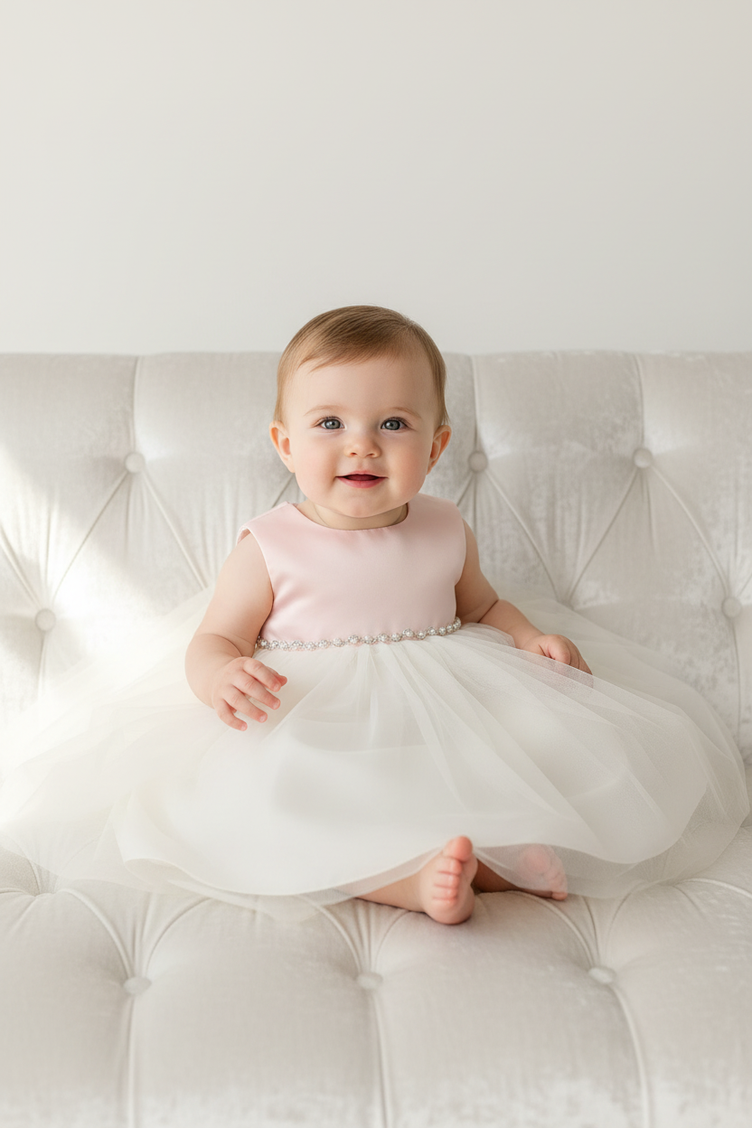 Baby girl in rose pink satin tulle dress with pearl rhinestone waist trim sitting on white tufted surface – infant christening newborn special occasion dress