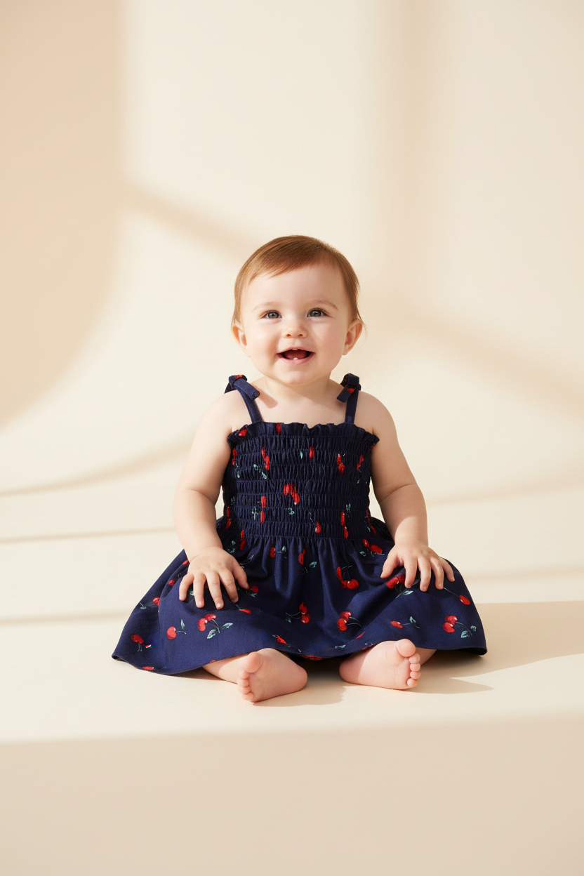Baby girl navy blue cherry print smocked dress with tie-bow straps, infant sitting front view, sizes 6-18 months