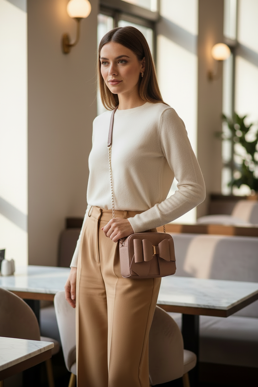 Woman carrying small mauve vegan leather bow box crossbody bag with half gold chain half leather strap, lifestyle photo of compact sculptural bow purse worn crossbody
