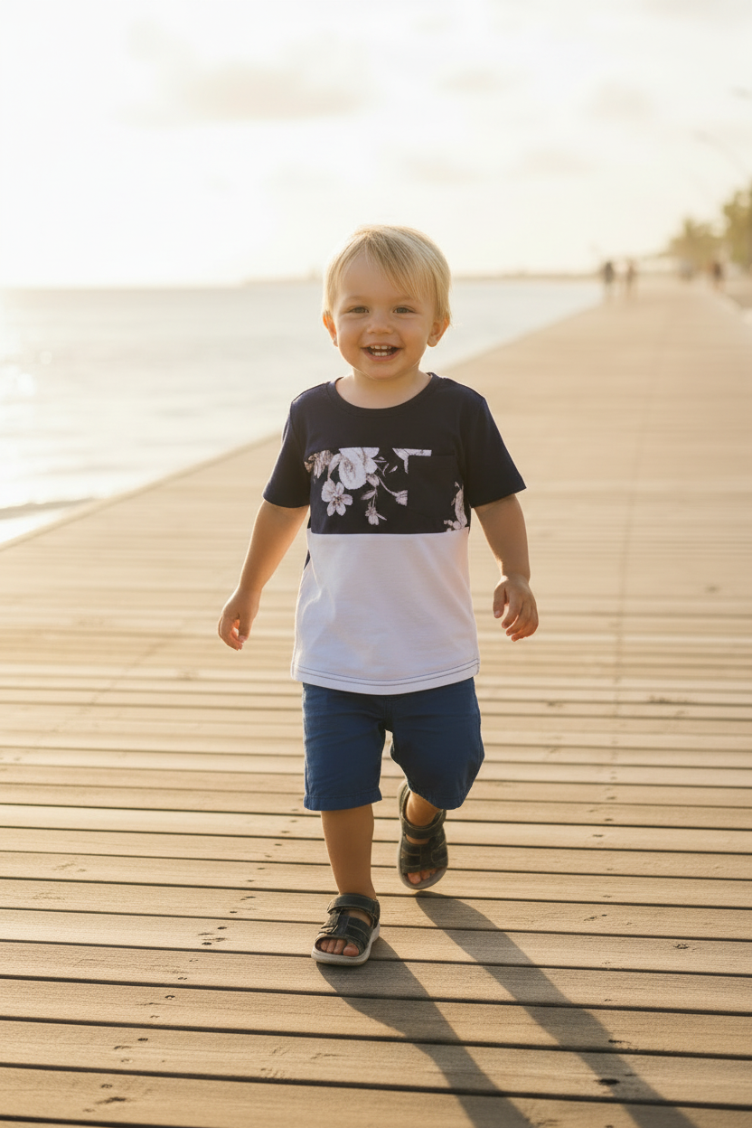 Boys navy white floral colorblock t-shirt toddler boy boardwalk hero lifestyle family matching summer outfit