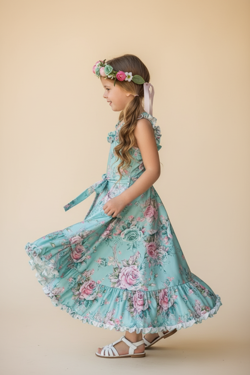 Back view of girls aqua floral rose hi-lo dress showing ruffle shoulder straps bow waist tie and lace trim tiered ruffle hem
