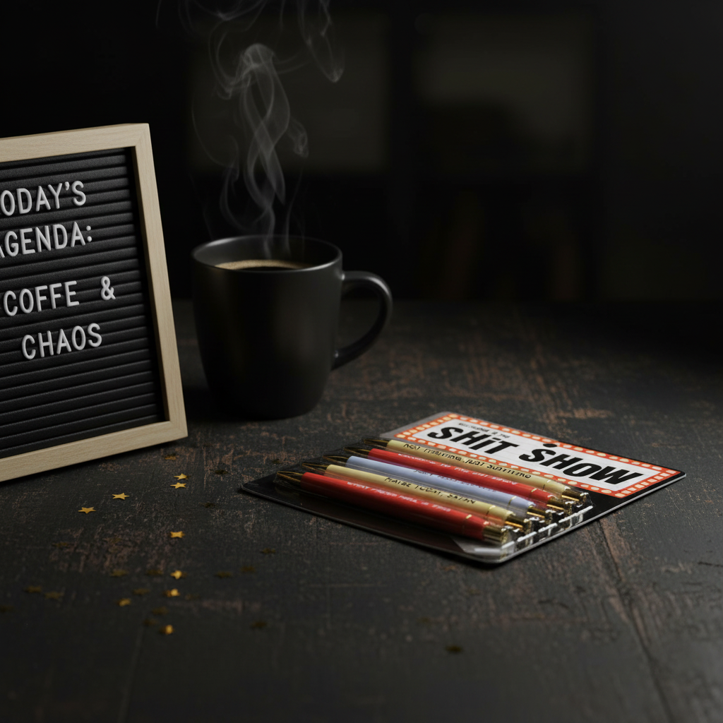 Welcome to the Sh*t Show funny pen set in marquee display card on dark moody desk with letter board and black coffee mug – sarcastic coworker office gift under $20