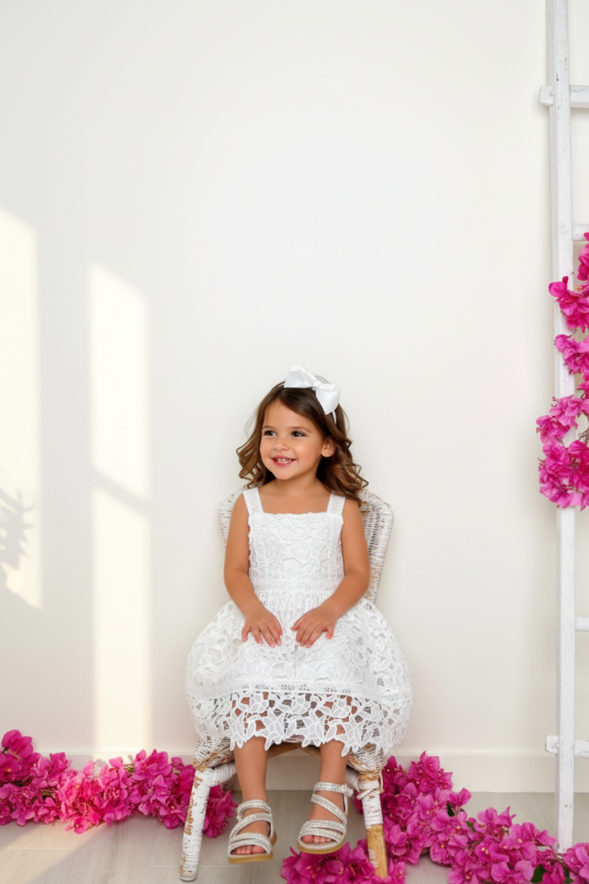 Toddler girl wearing white eyelet lace spaghetti strap dress with scalloped hem, Mommy and Me girls party dress for spring and Easter