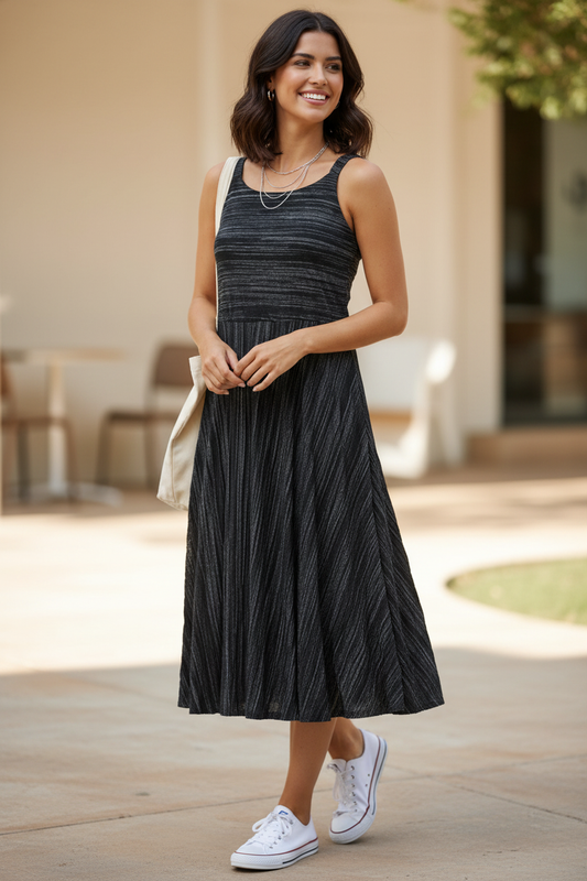 Black pleated midi dress casual styled look – Comfy USA sleeveless stripe bodice dress with flat sandals