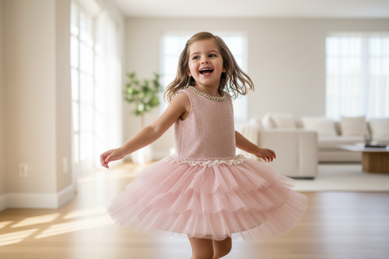 Young girl wearing blush pink tweed dress with pearl embellished neckline and sparkle tulle skirt twirling in elegant home with natural light