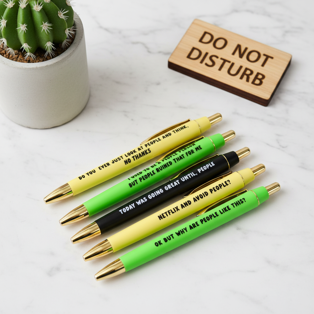 People Suck funny pen set 5 neon yellow green and black pens with gold accents on white marble with cactus and do not disturb sign – introvert antisocial gift under $20