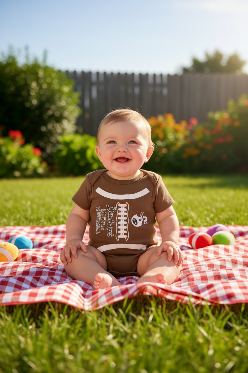 Baby wearing brown Daddy's Little Football onesie sitting outdoors on summer picnic blanket, cute game day baby outfit