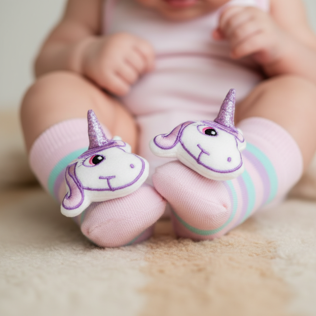 Baby feet wearing light pink and mint green striped infant rattle socks with 3D unicorn face appliqué, boutique baby gift photography