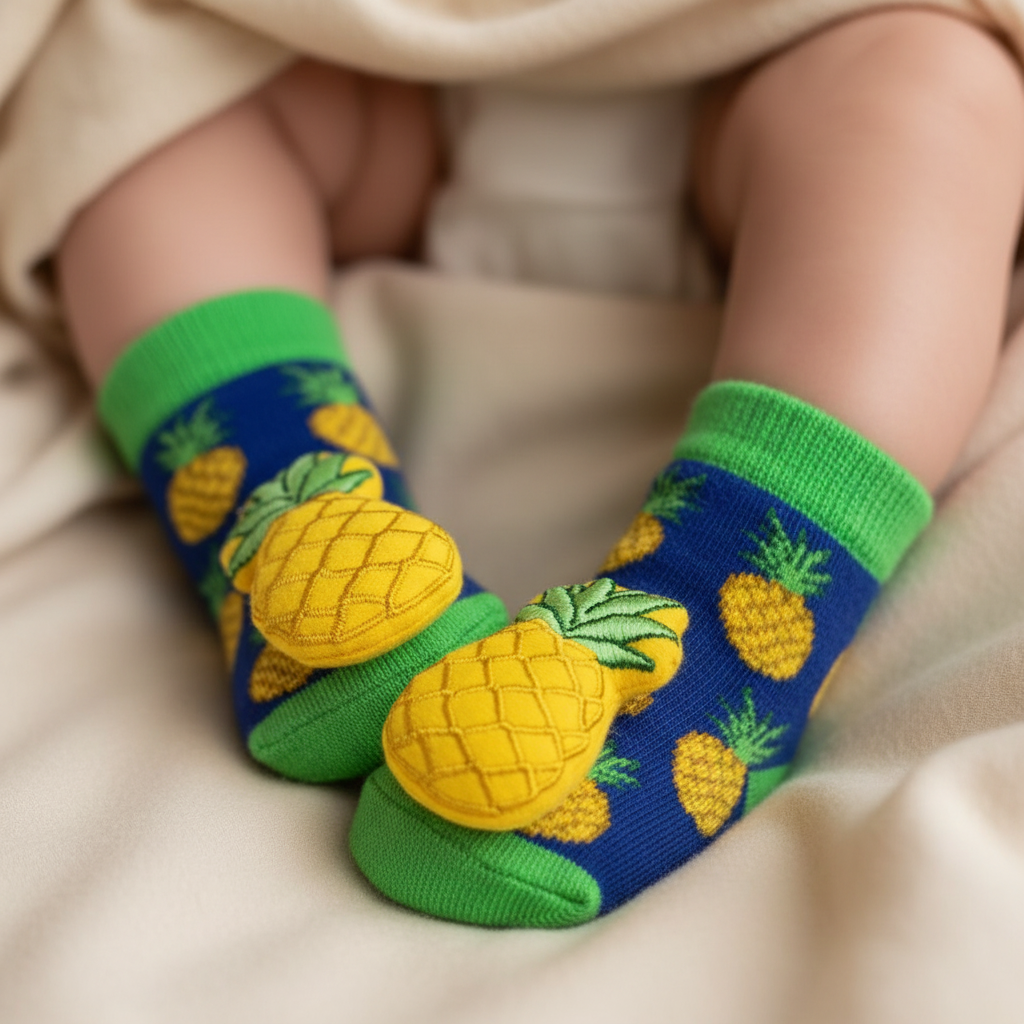 Baby feet wearing navy blue all-over pineapple print infant rattle socks with green cuff and 3D pineapple appliqué, boutique baby gift photography