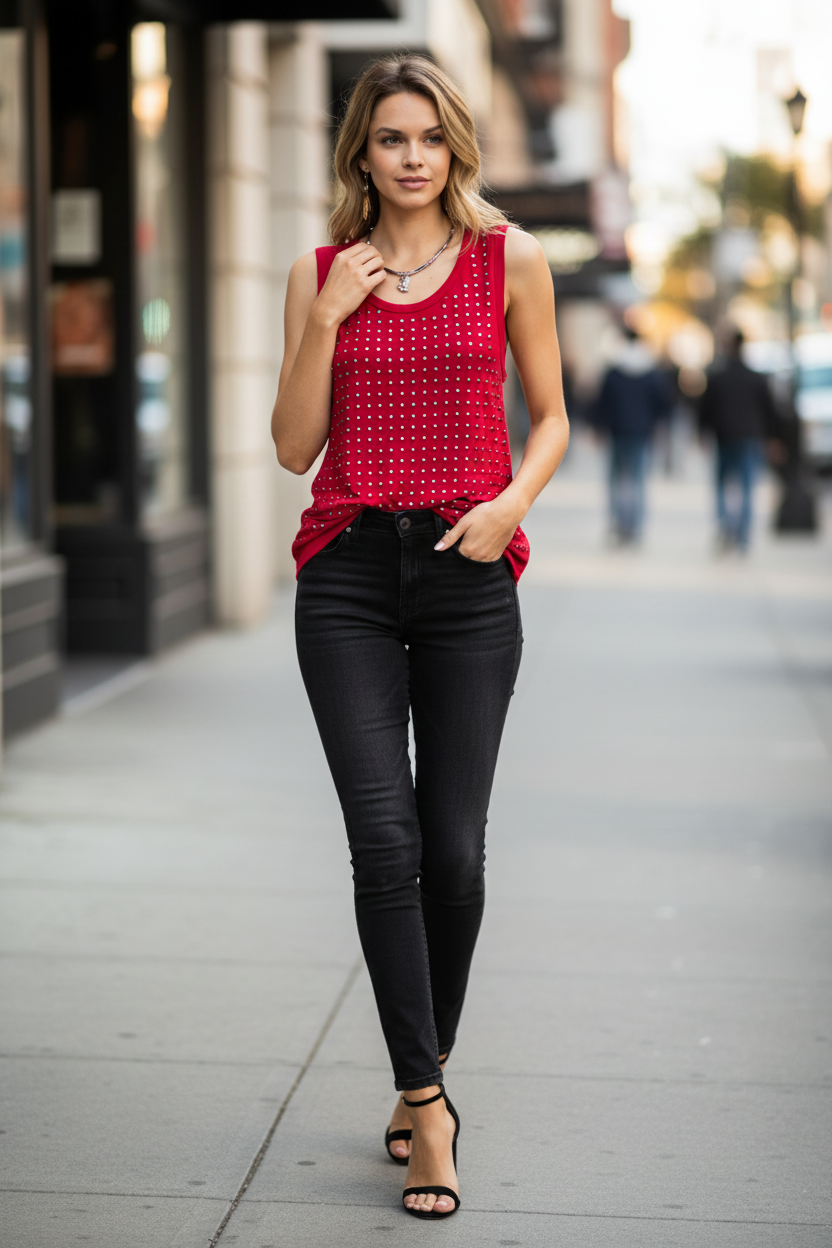 Woman in red allover metal stud tank top styled with black denim and strappy heels on city street, lifestyle photo of red silver studded sleeveless top
