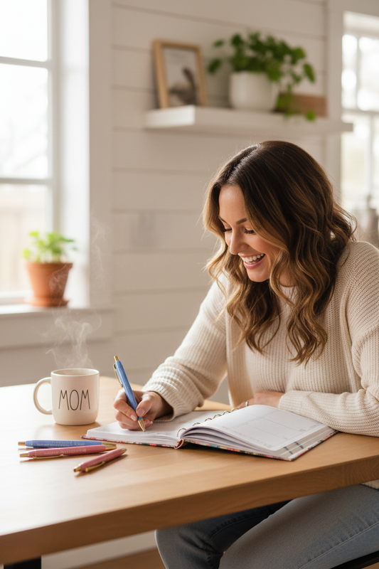 Woman writing in planner with funny mom pen set fanned out on kitchen table with coffee mug – Mom of the Freaking Century Mother's Day gift lifestyle