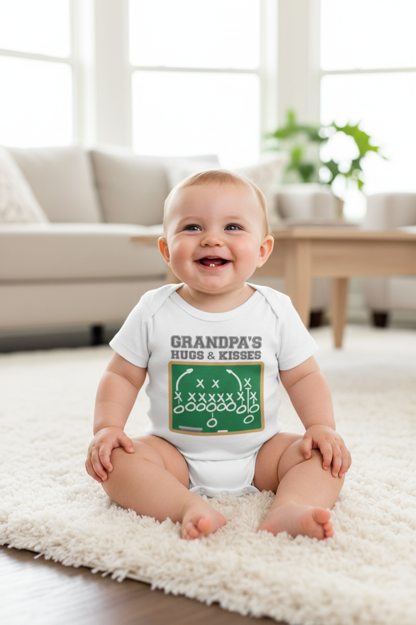 Smiling baby wearing white Grandpa's Hugs and Kisses football onesie with chalkboard X's and O's design, grandpa gift baby boy 6-12 months