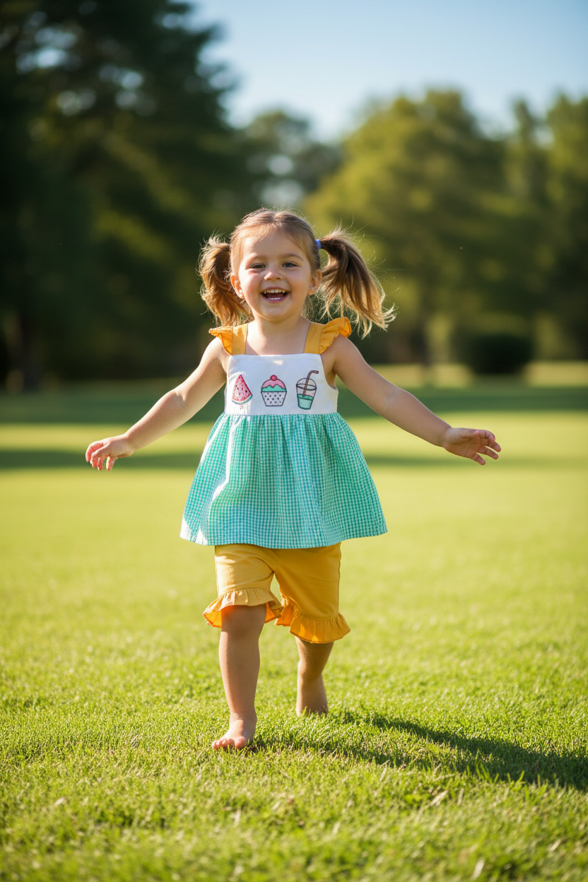 Little girl wearing mint checkered embroidered top and yellow ruffle shorts running in sunny backyard, girls summer outfit sizes 4-6